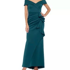 XSCAPE Scuba Off-The-Shoulder Gown Elegant Teal Off-Shoulder Evening Gown
